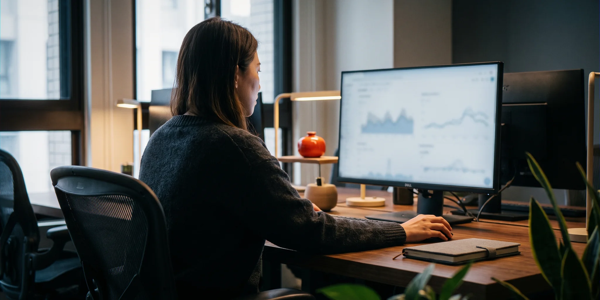 A marketer at her desk reading charts on a large monitor