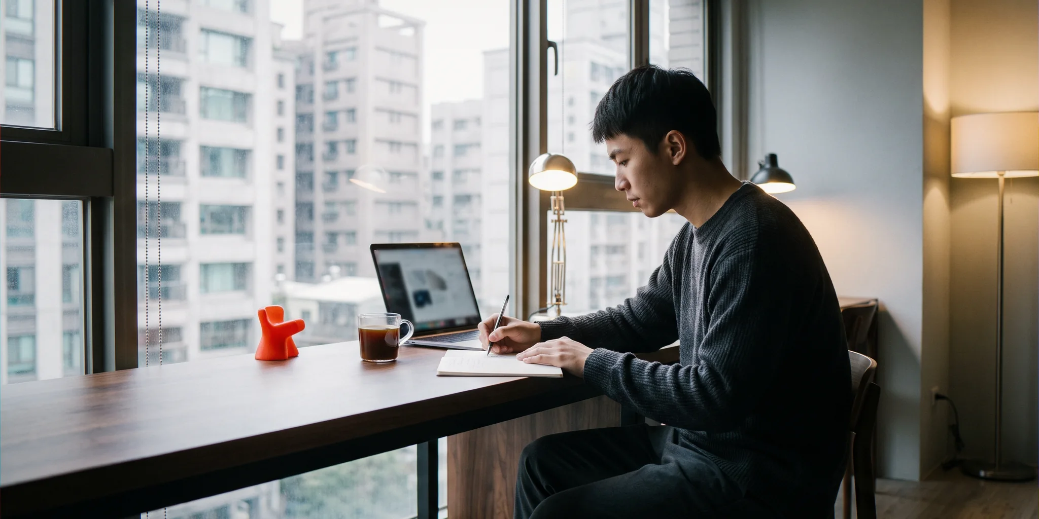A writer drafting in a notebook at a window desk