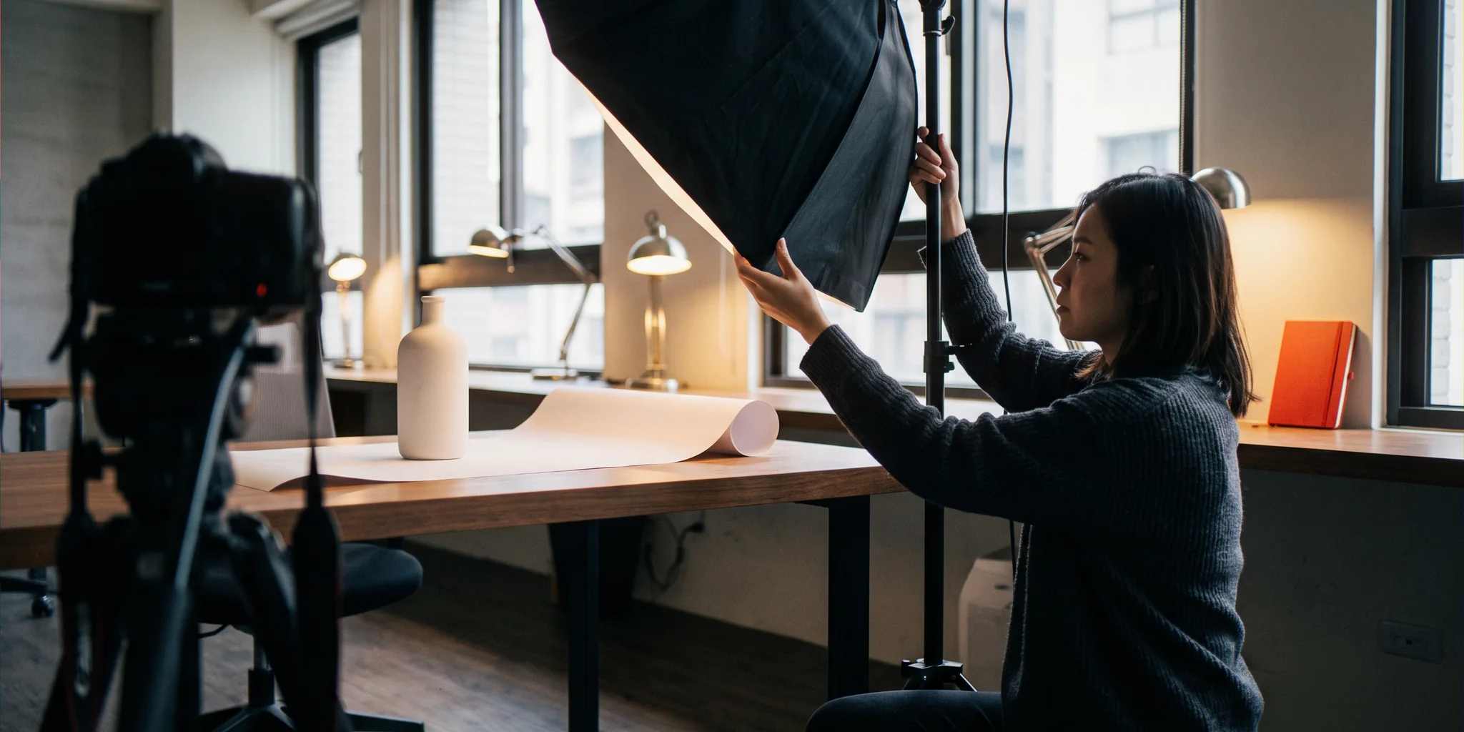 A small product photo setup with a softbox in the office