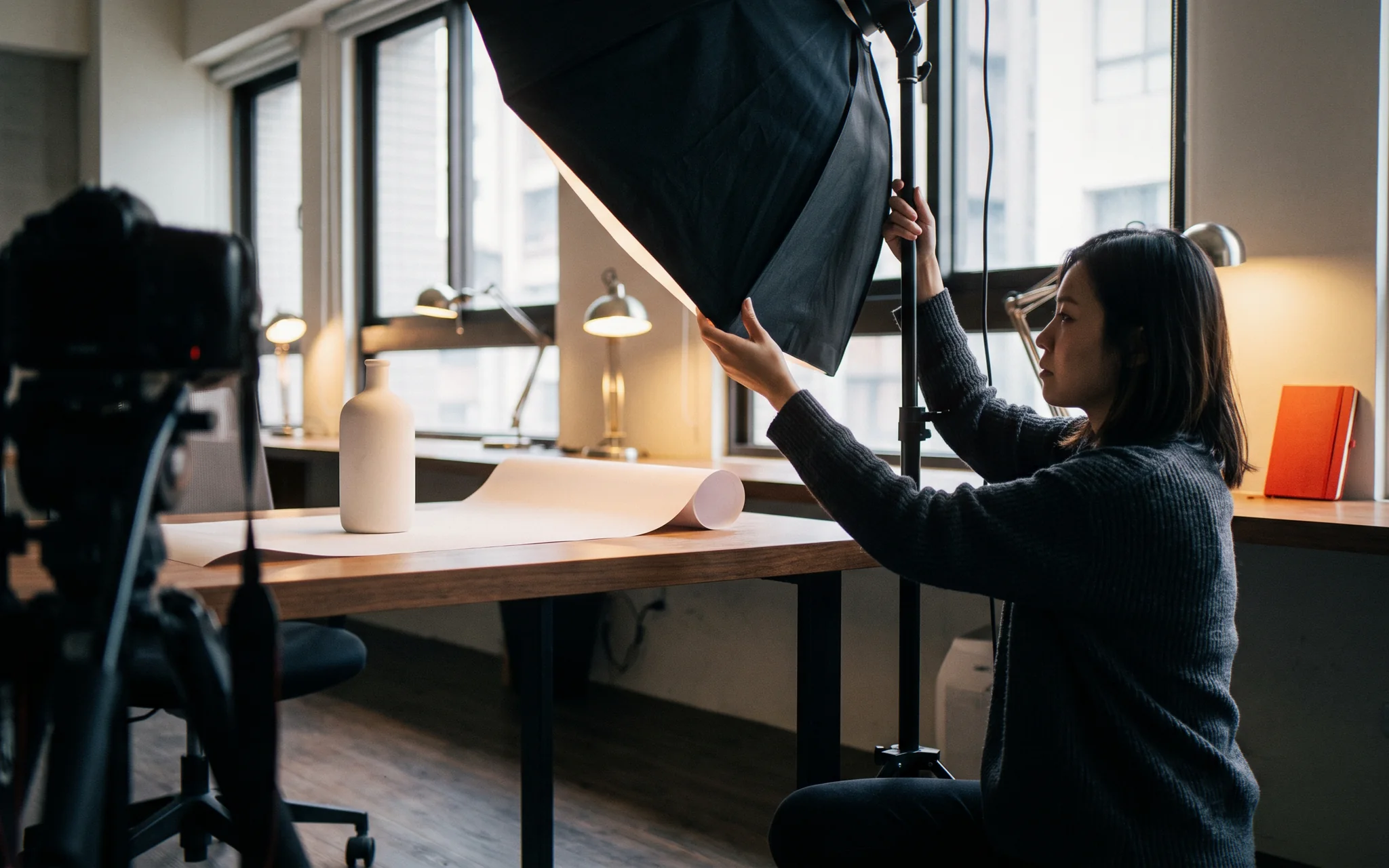 A small product photo setup with a softbox in the office