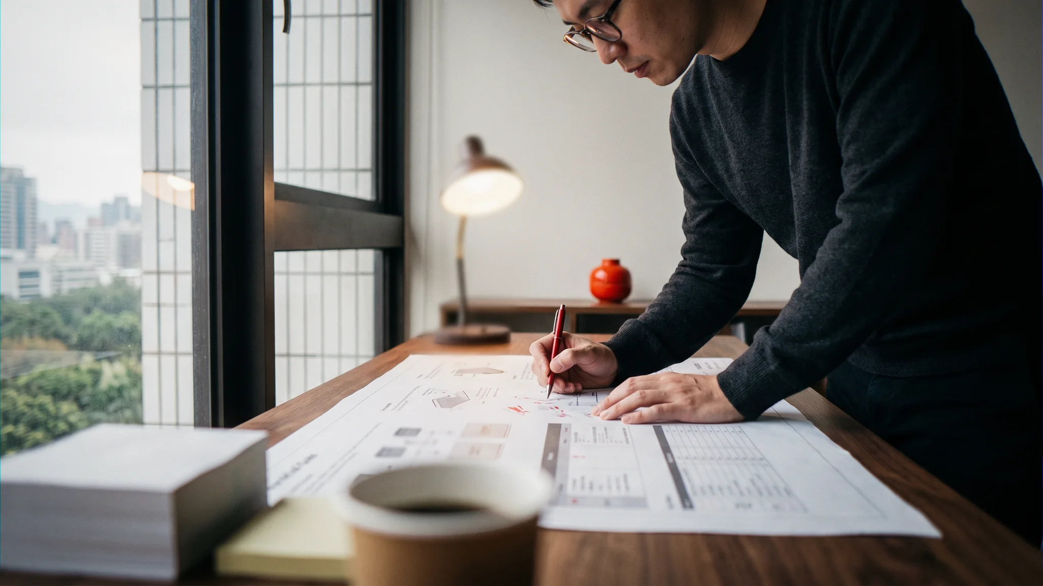 Illustration: An editor revising a printed technical guide with a pen