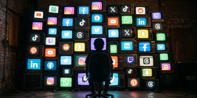 Rows of lit screens in a dark room, a silhouette watching from an office chair
