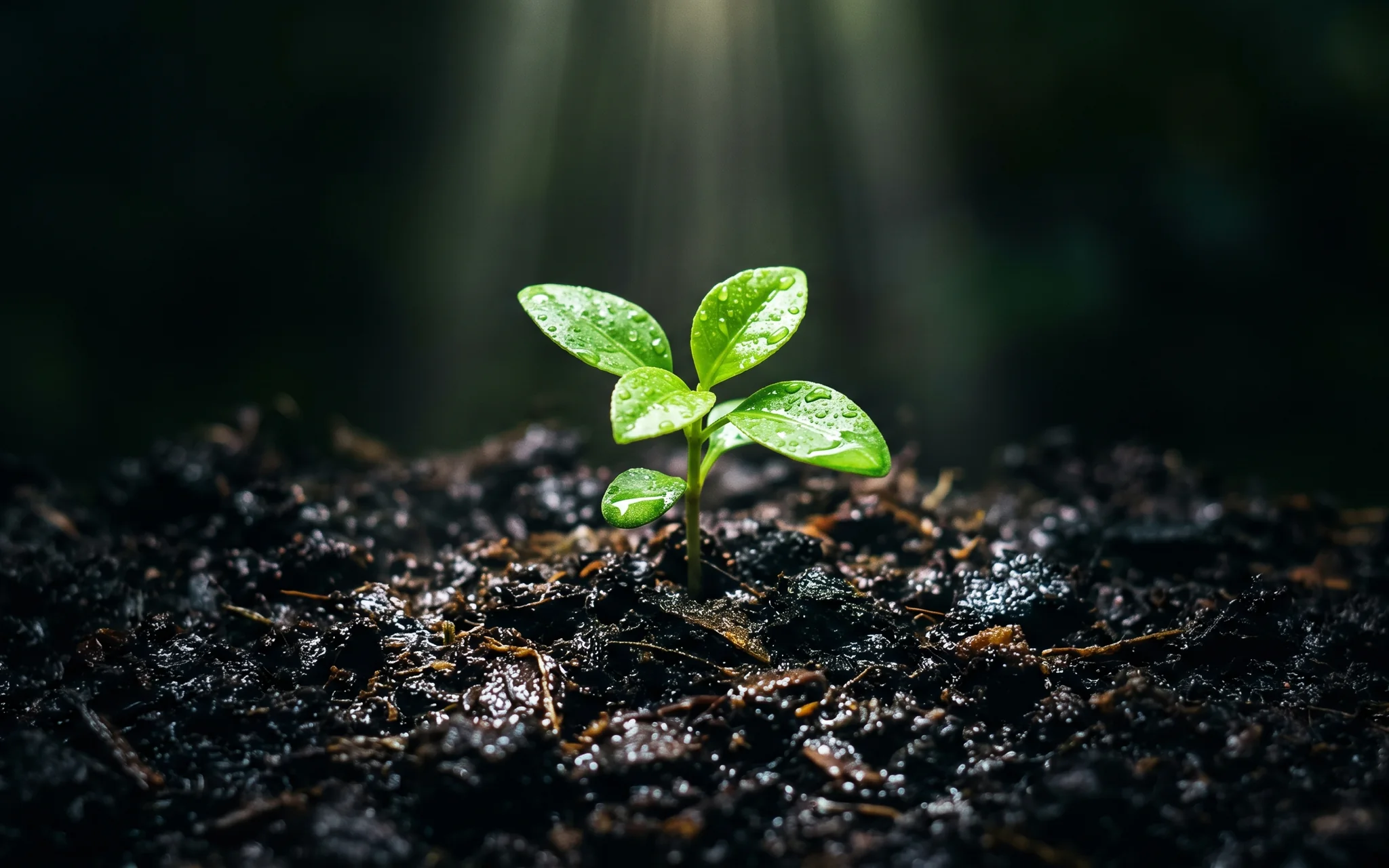 A green seedling pushing up out of dark wet soil under a narrow shaft of daylight