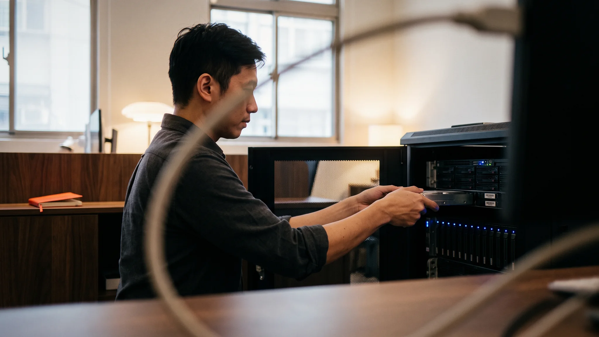 Illustration: A server rack with an encrypted backup drive being checked