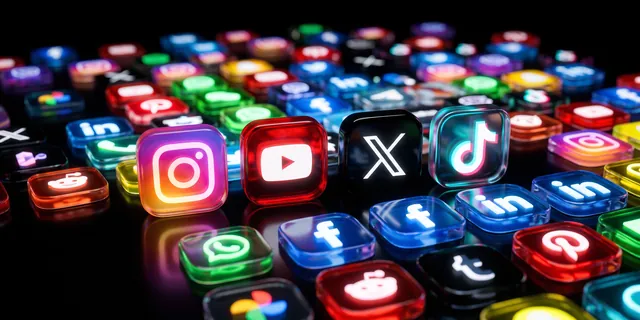 A field of glass social app icons, each lit a different colour, extreme shallow focus
